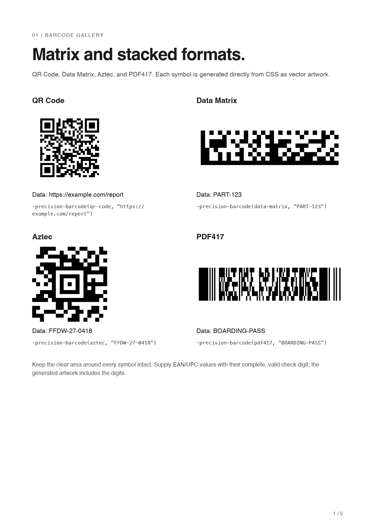 First page of the barcode gallery, showing QR Code, Data Matrix, Aztec, and PDF417.