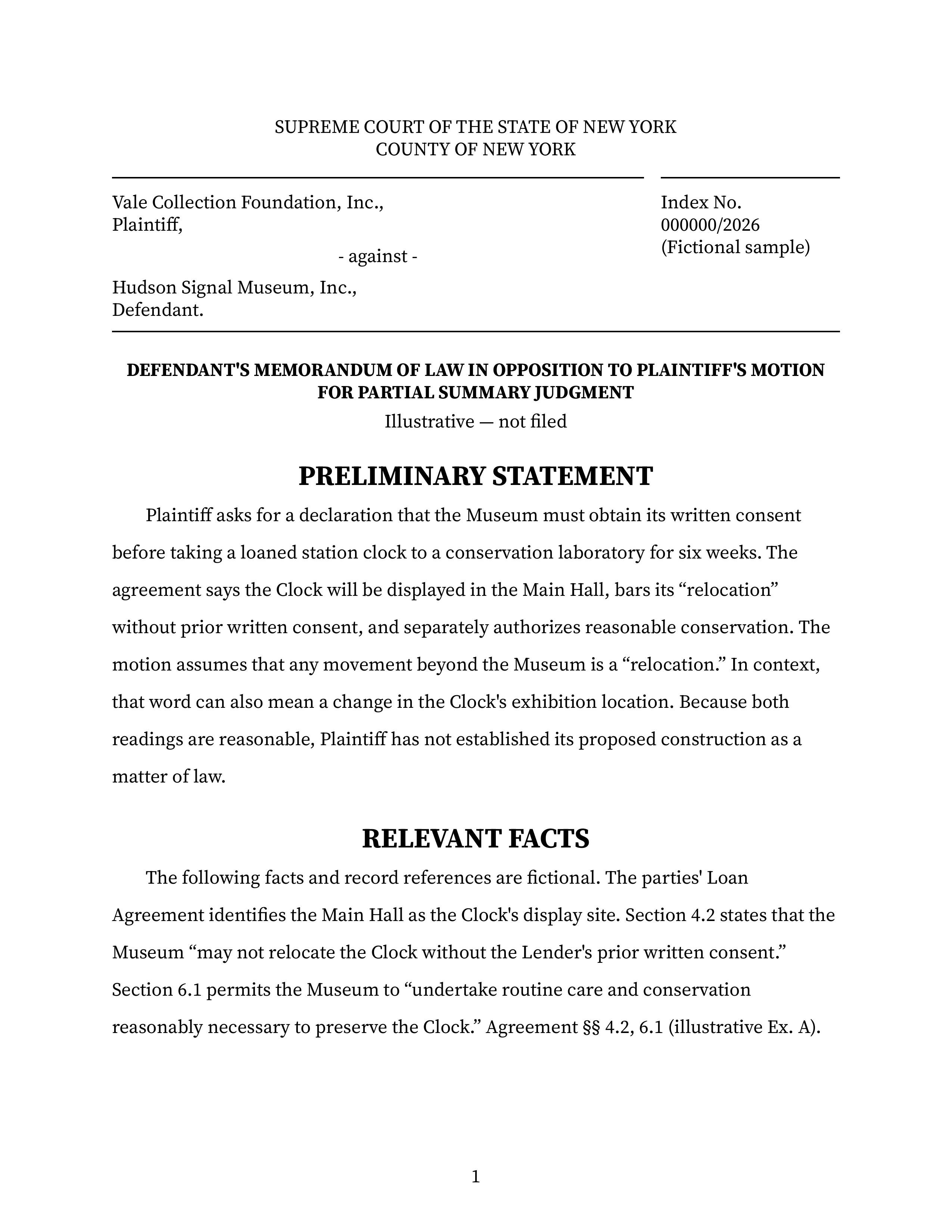 First page of a black-and-white opposition brief showing a court caption, preliminary statement, and facts