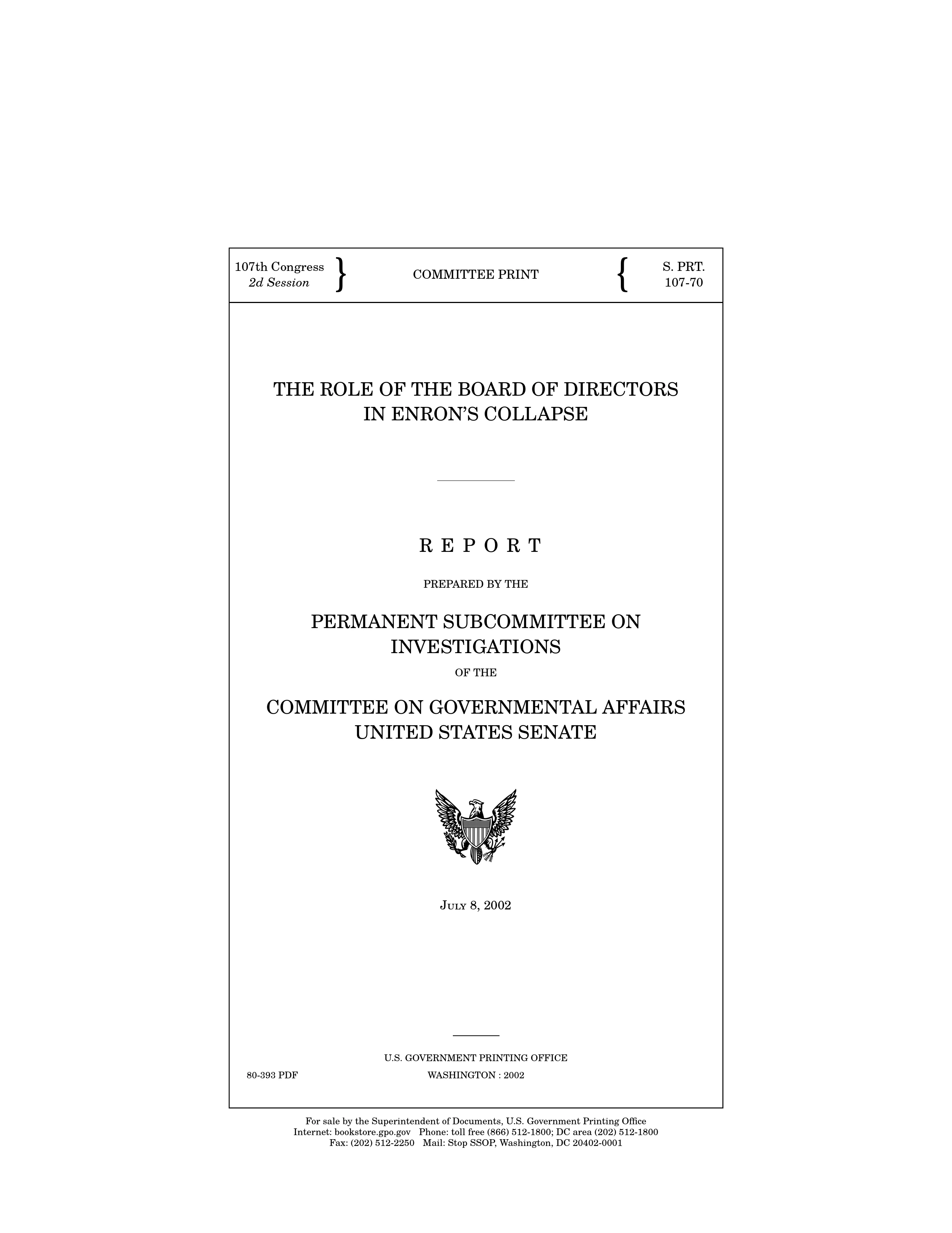 Cover of the Senate report The Role of the Board of Directors in Enron's Collapse, dated July 8, 2002