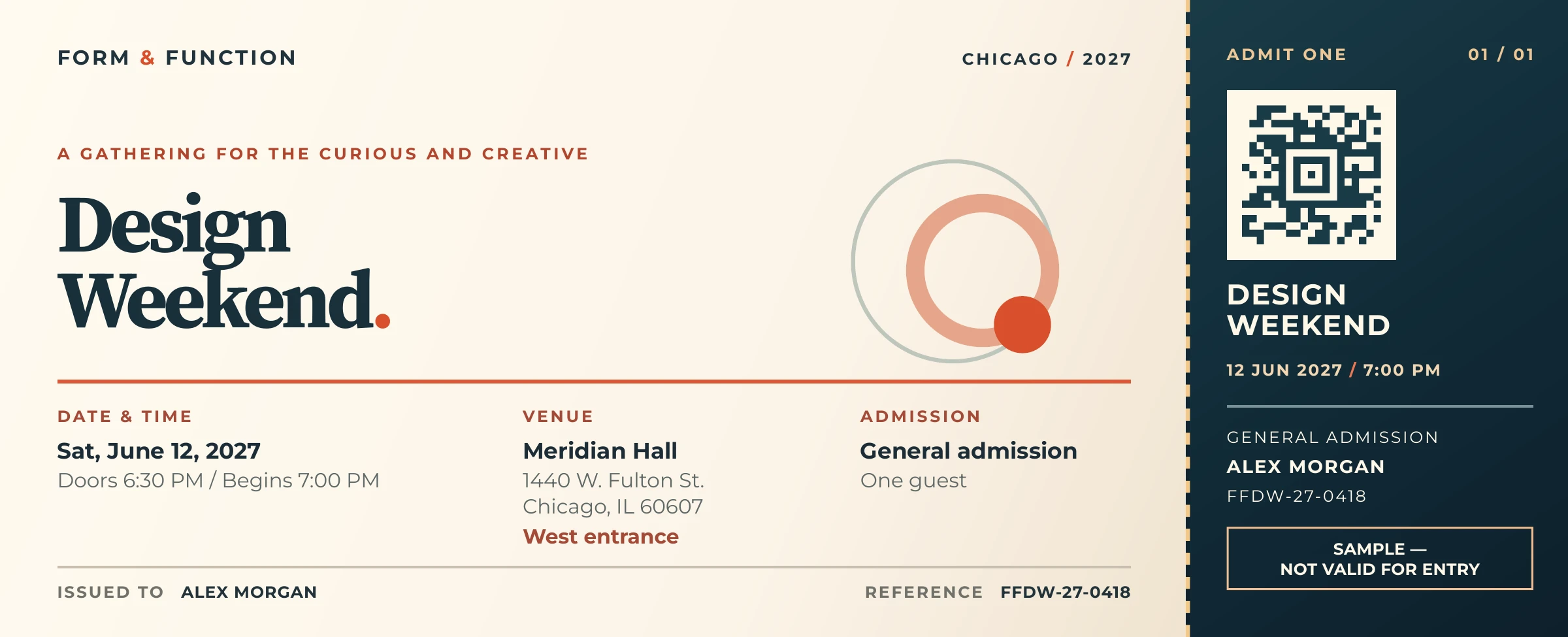 Design Weekend event ticket with event details on the left and a teal-on-cream Aztec barcode in the dark admission stub