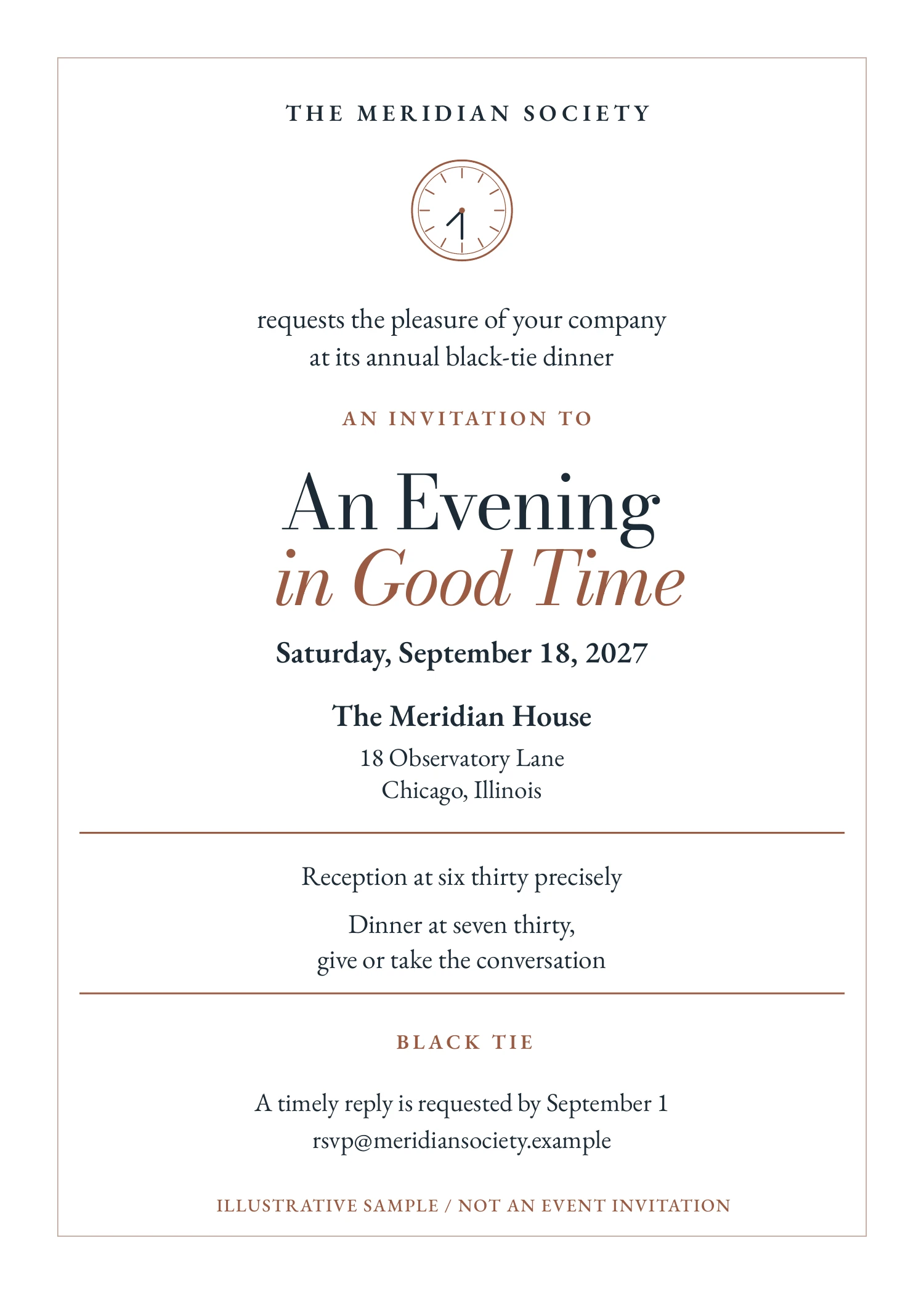 Cream formal invitation with a clock illustration, fine double border, and centered dinner details