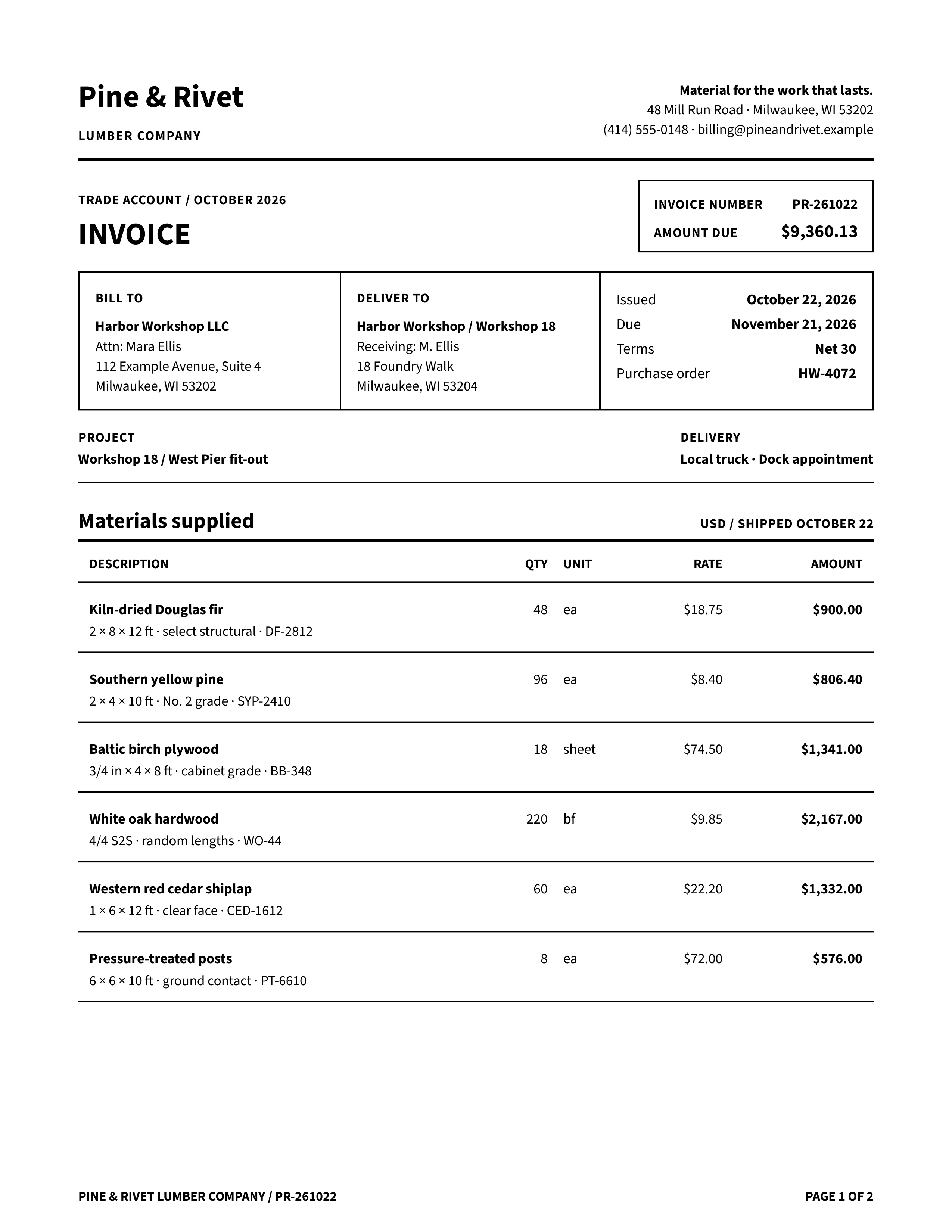 First page of the traditional Pine and Rivet invoice with monochrome masthead and compact itemized table
