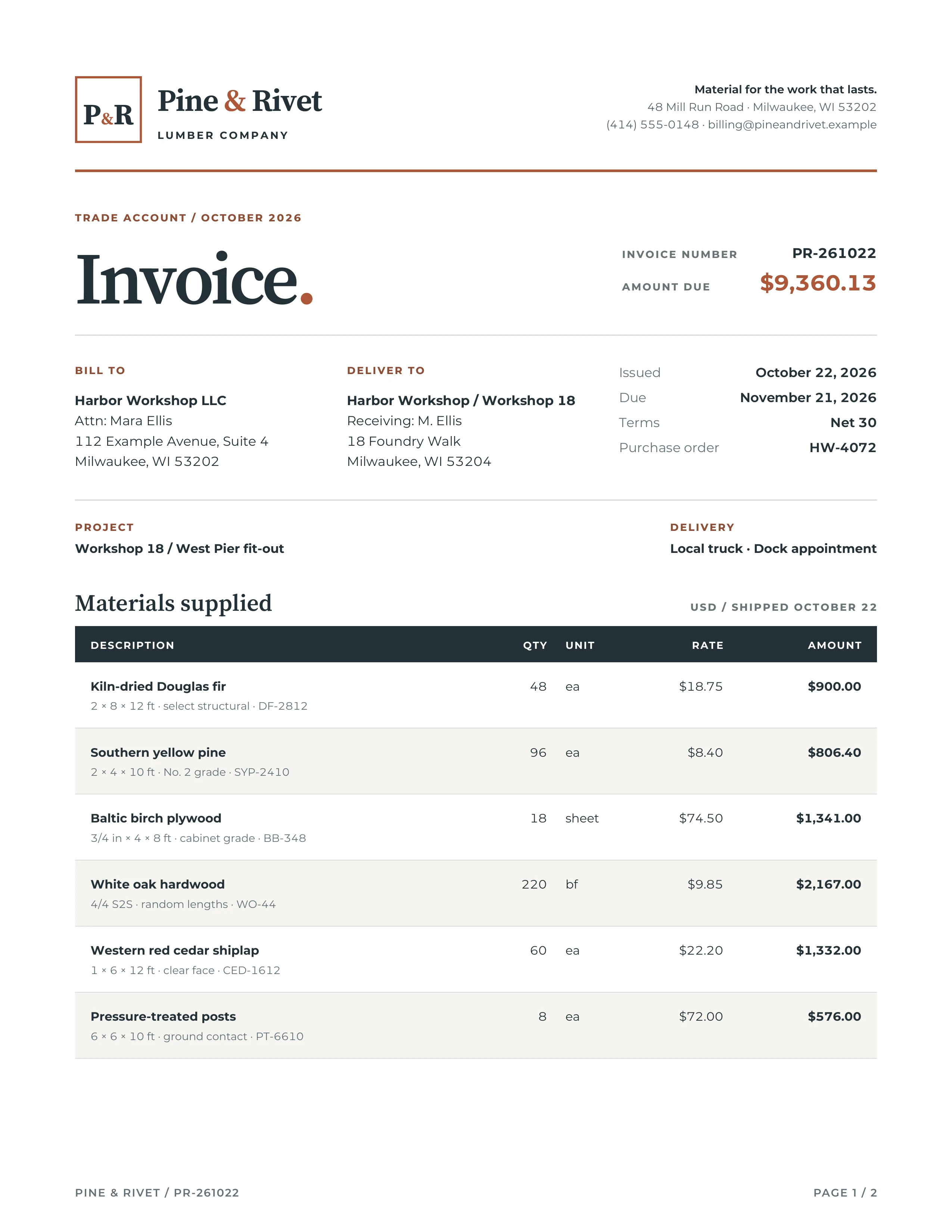 First page of the Pine and Rivet invoice, with a large amount due and itemized lumber table