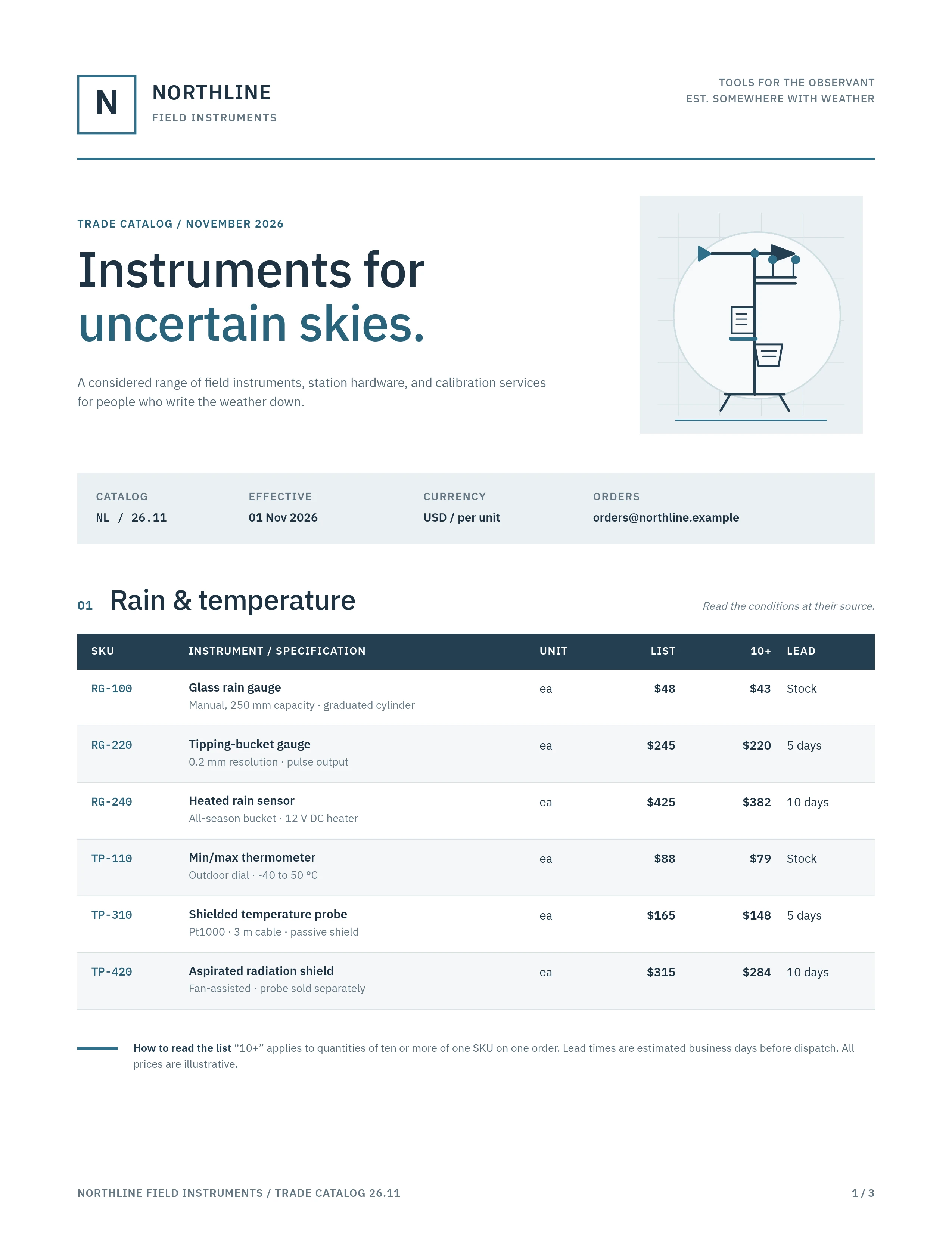 First page of the Northline Field Instruments price list with a weather instrument drawing and product table
